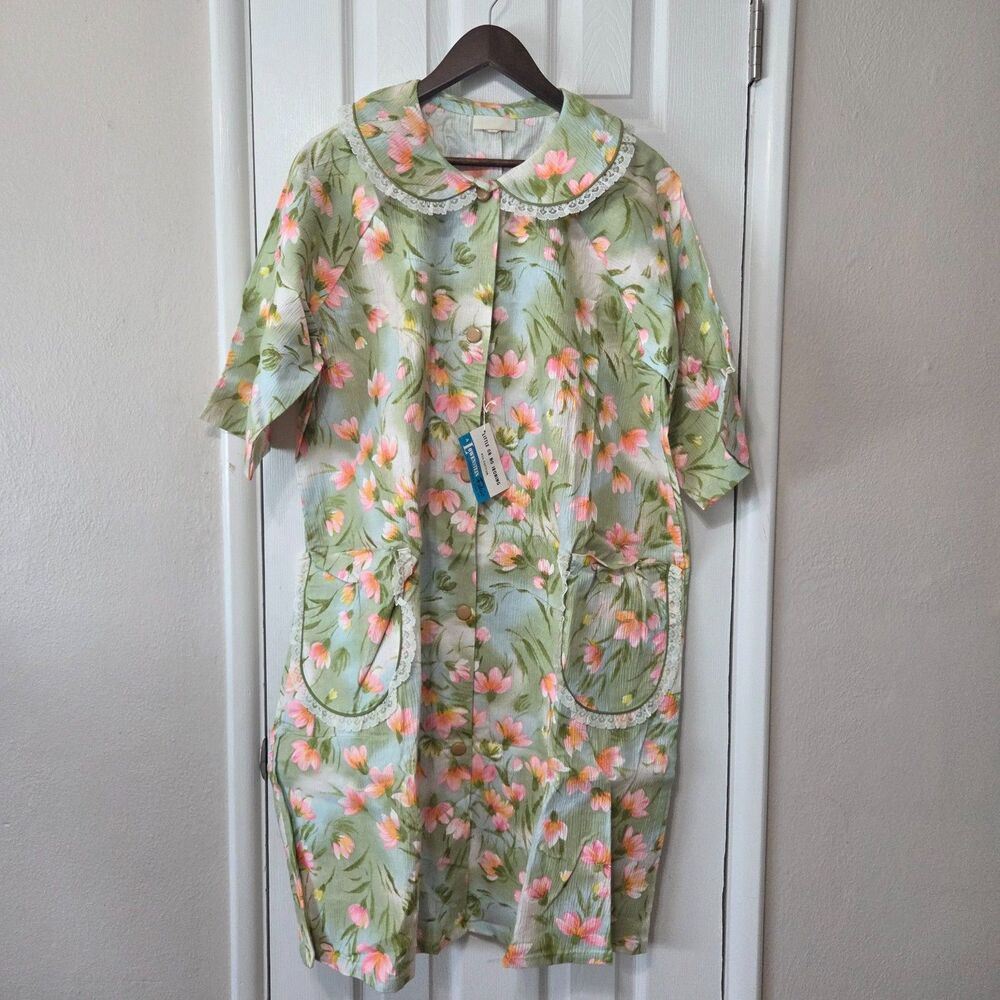 Vintage 1960s Floral Cotton House Dress Size XL-2X Lowenstein Fabric NOS USA